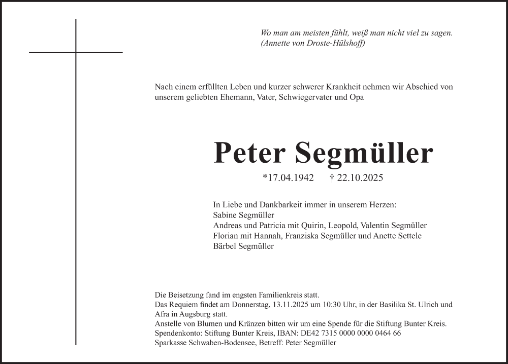  Traueranzeige für Peter Segmüller vom 31.10.2025 aus merkurtz