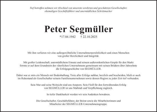 Traueranzeige von Peter Segmüller von merkurtz