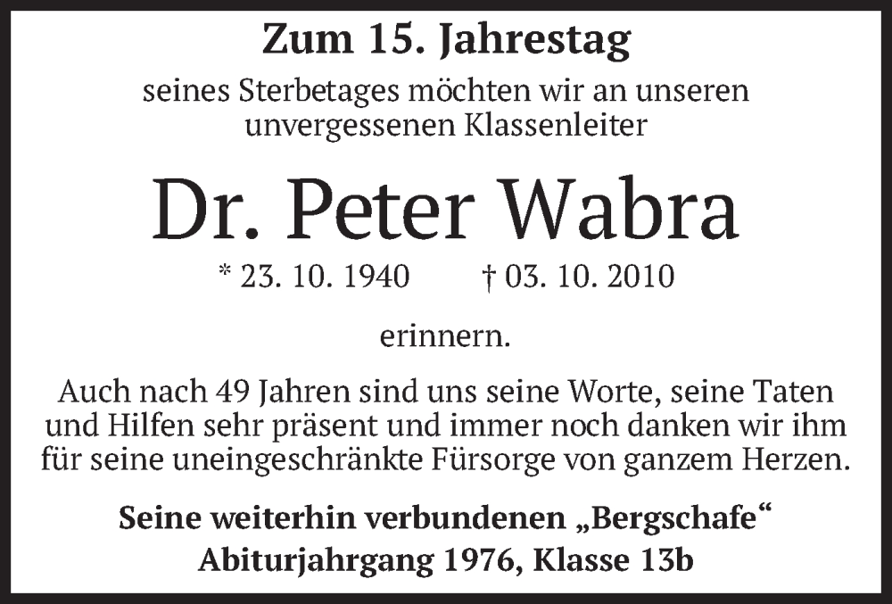  Traueranzeige für Peter Wabra vom 02.10.2025 aus merkurtz