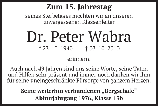 Traueranzeige von Peter Wabra von merkurtz