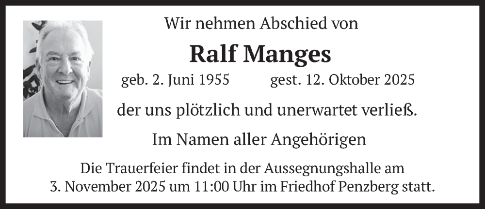  Traueranzeige für Ralf Manges vom 31.10.2025 aus merkurtz