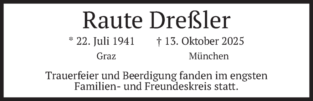  Traueranzeige für Raute Dreßler vom 31.10.2025 aus merkurtz