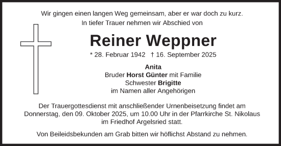 Traueranzeige von Reiner Weppner von merkurtz