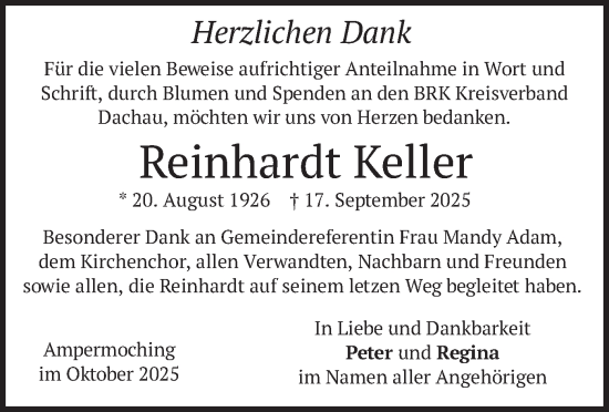 Traueranzeige von Reinhardt Keller von merkurtz