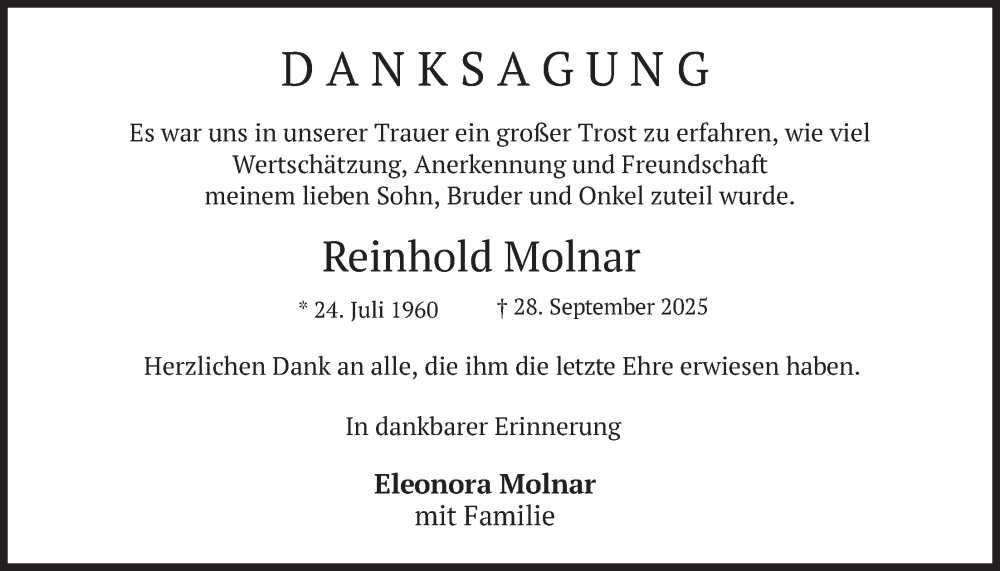  Traueranzeige für Reinhold Molnar vom 18.10.2025 aus merkurtz