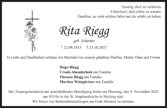 Traueranzeige von Rita Riegg von merkurtz