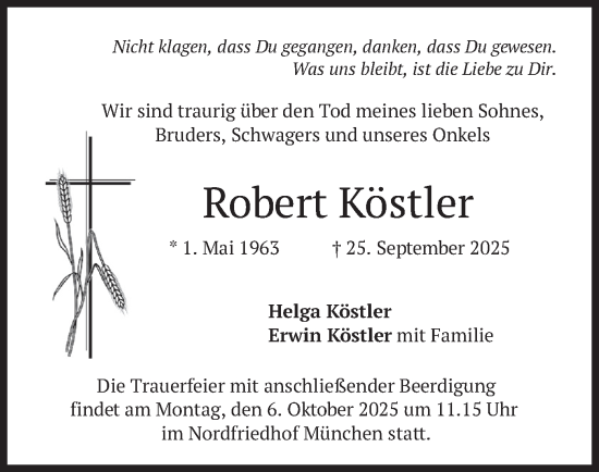 Traueranzeige von Robert Köstler von merkurtz