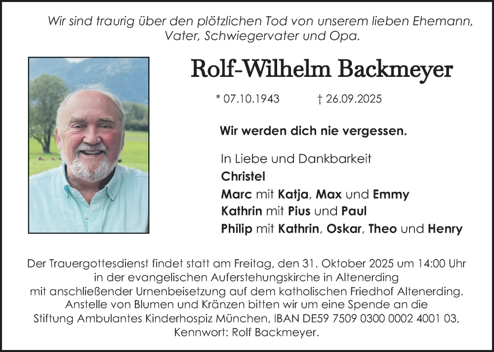  Traueranzeige für Rolf-Wilhelm Backmeyer vom 18.10.2025 aus merkurtz