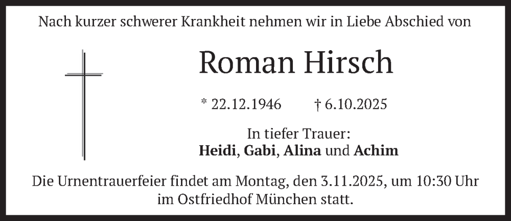  Traueranzeige für Roman Hirsch vom 18.10.2025 aus merkurtz