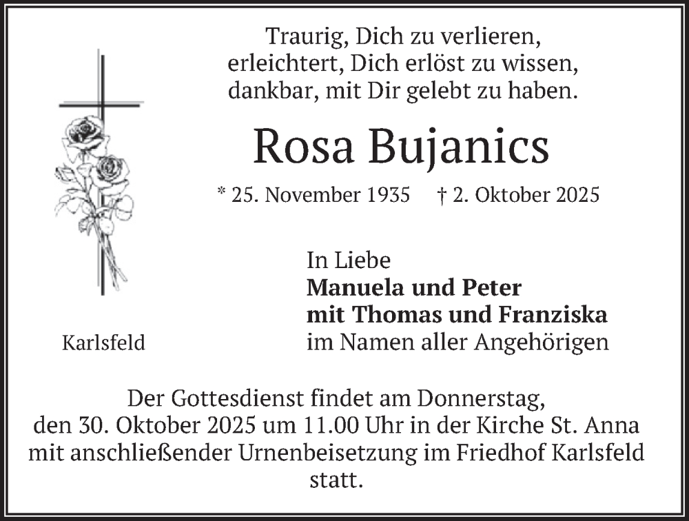  Traueranzeige für Rosa Bujanics vom 25.10.2025 aus merkurtz