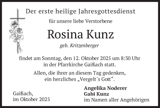 Traueranzeige von Rosina Kunz von merkurtz