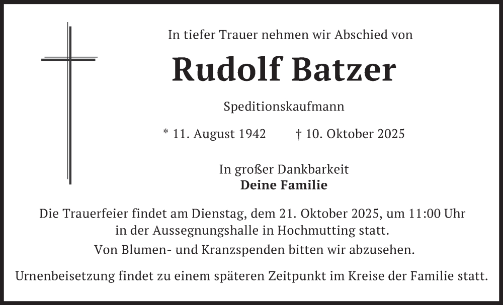  Traueranzeige für Rudolf Batzer vom 16.10.2025 aus merkurtz