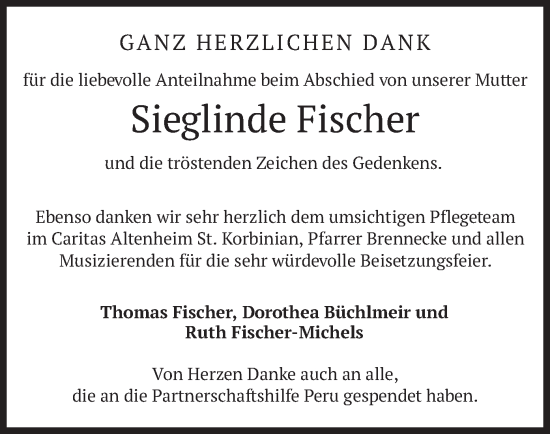 Traueranzeige von Sieglinde Fischer von merkurtz