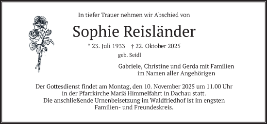 Traueranzeige von Sophie Reisländer von merkurtz