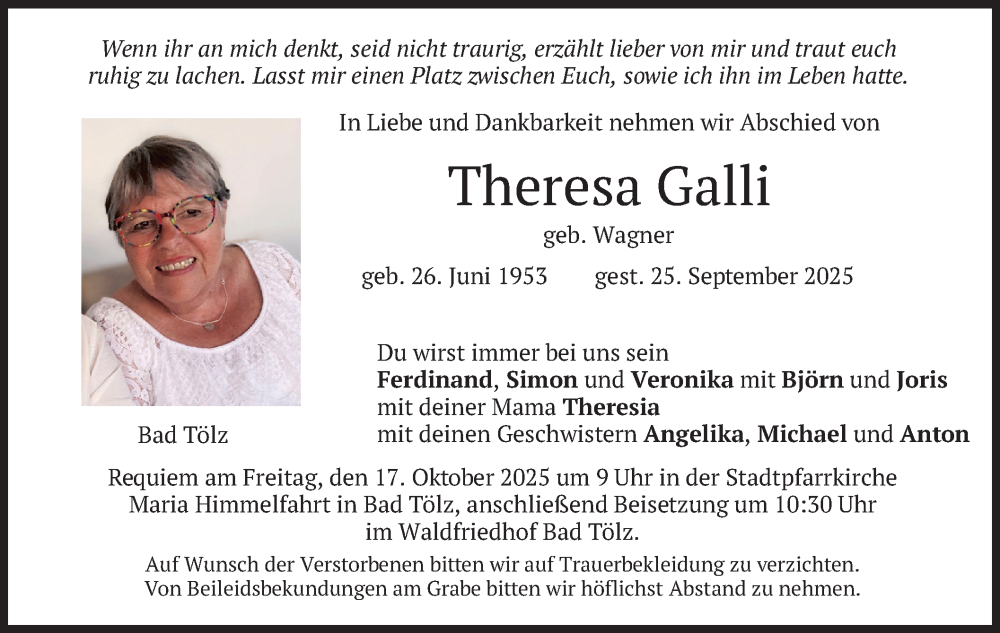  Traueranzeige für Theresa Galli vom 10.10.2025 aus merkurtz