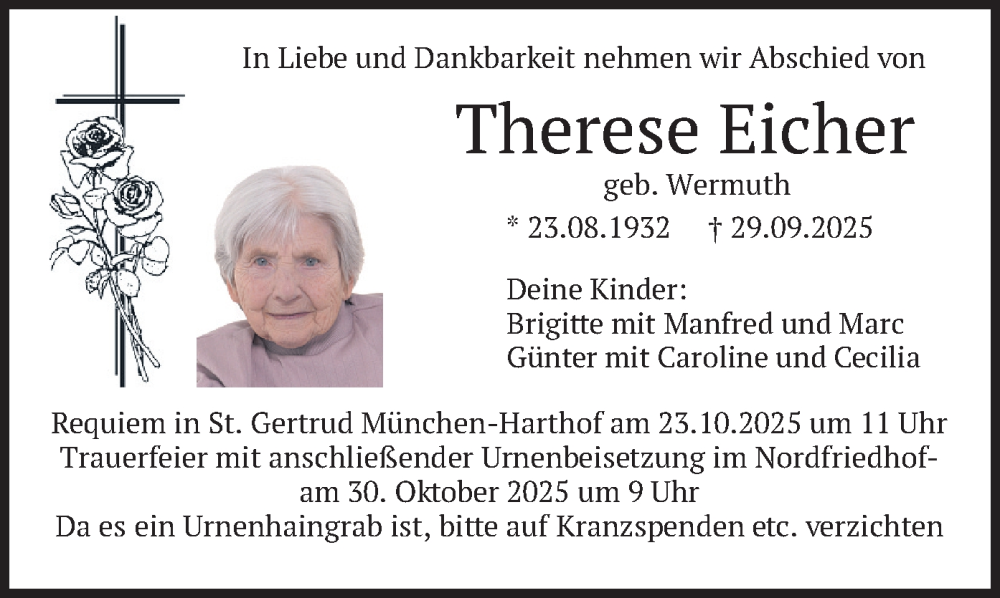 Traueranzeige für Therese Eicher vom 11.10.2025 aus merkurtz