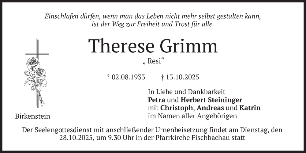  Traueranzeige für Therese Grimm vom 25.10.2025 aus merkurtz