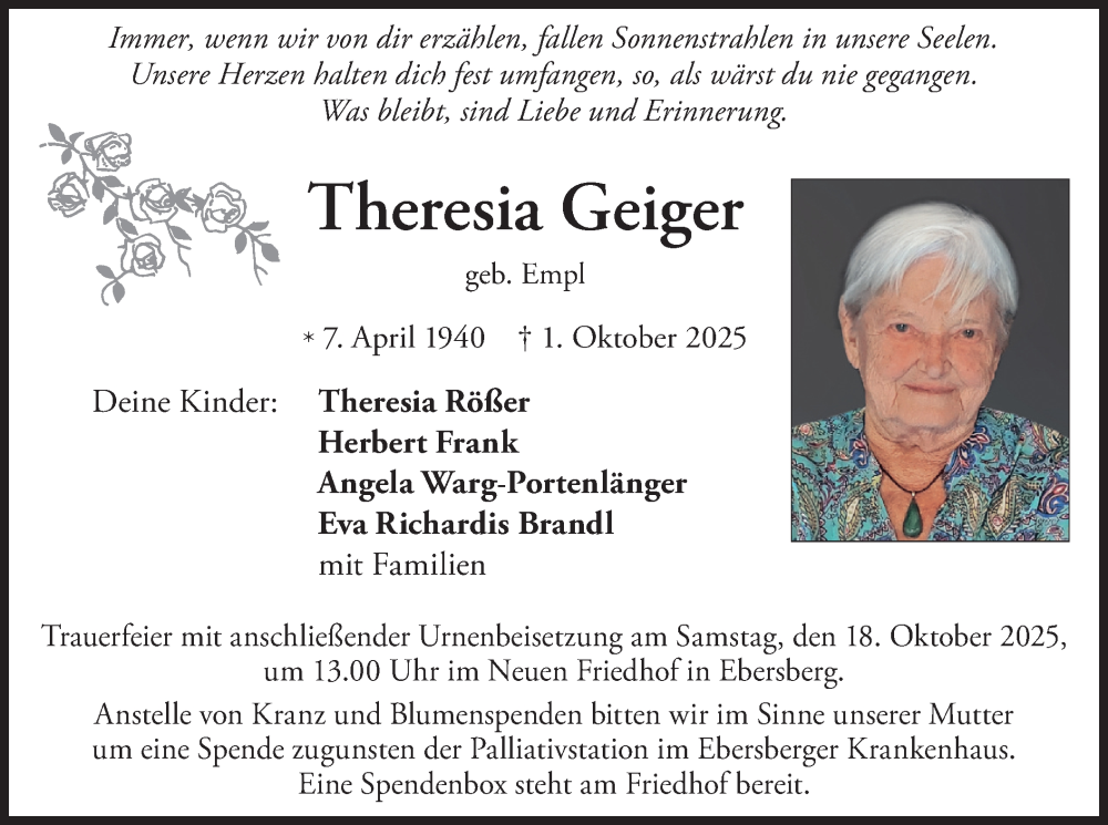  Traueranzeige für Theresia Geiger vom 11.10.2025 aus merkurtz