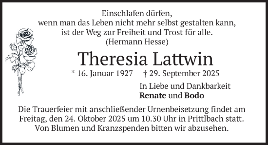Traueranzeige von Theresia Lattwin von merkurtz