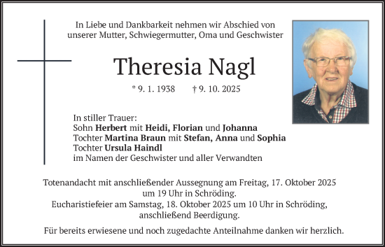 Traueranzeige von Theresia Nagl von merkurtz
