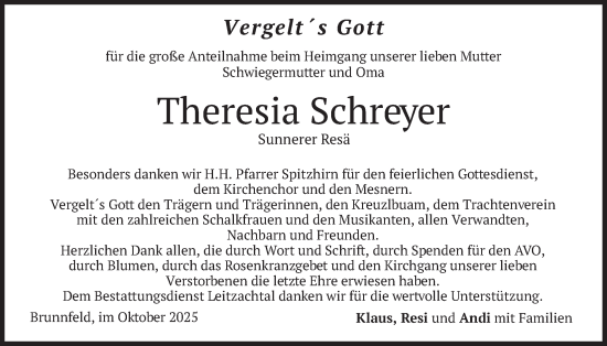 Traueranzeige von Theresia Schreyer von merkurtz