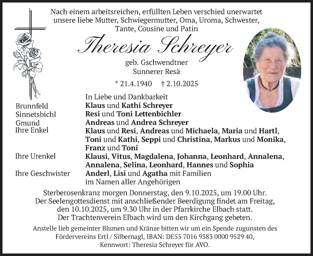  Traueranzeige für Theresia Schreyer vom 08.10.2025 aus merkurtz