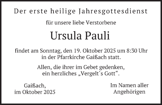 Traueranzeige von Ursula Pauli von merkurtz