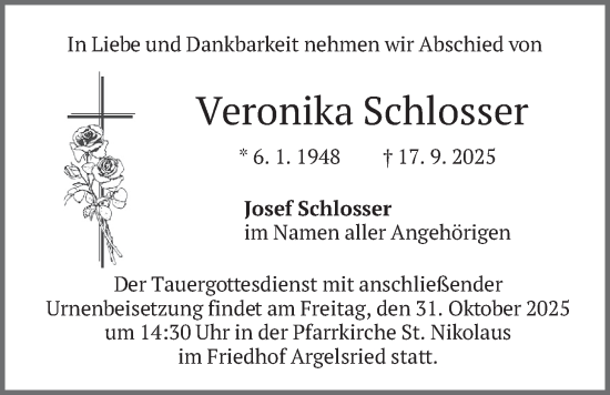 Traueranzeige von Veronika Schlosser von merkurtz