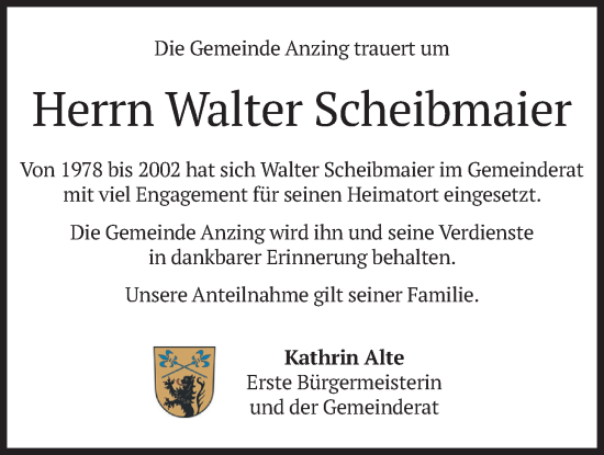 Traueranzeige von Walter Scheibmaier von merkurtz