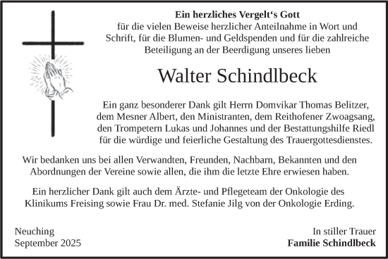 Traueranzeige von Walter Schindlbeck von merkurtz