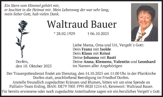Traueranzeige von Waltraud Bauer von merkurtz
