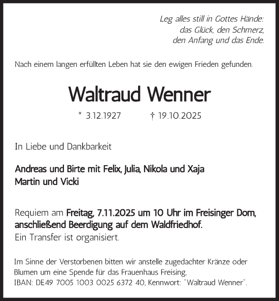 Traueranzeige von Waltraud Wenner von merkurtz