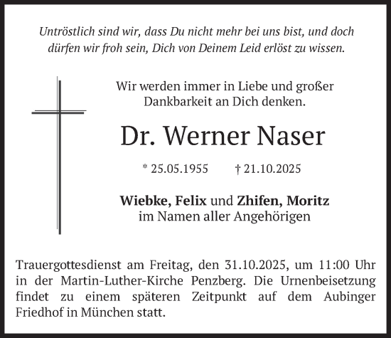 Traueranzeige von Werner Naser von merkurtz