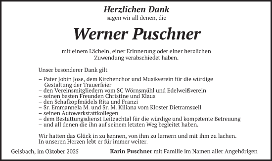 Traueranzeige von Werner Puschner von merkurtz