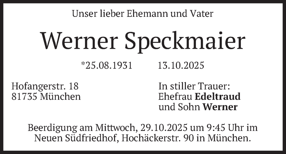  Traueranzeige für Werner Speckmaier vom 25.10.2025 aus merkurtz