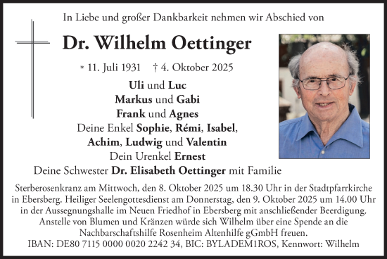 Traueranzeige von Wilhelm Oettinger von merkurtz