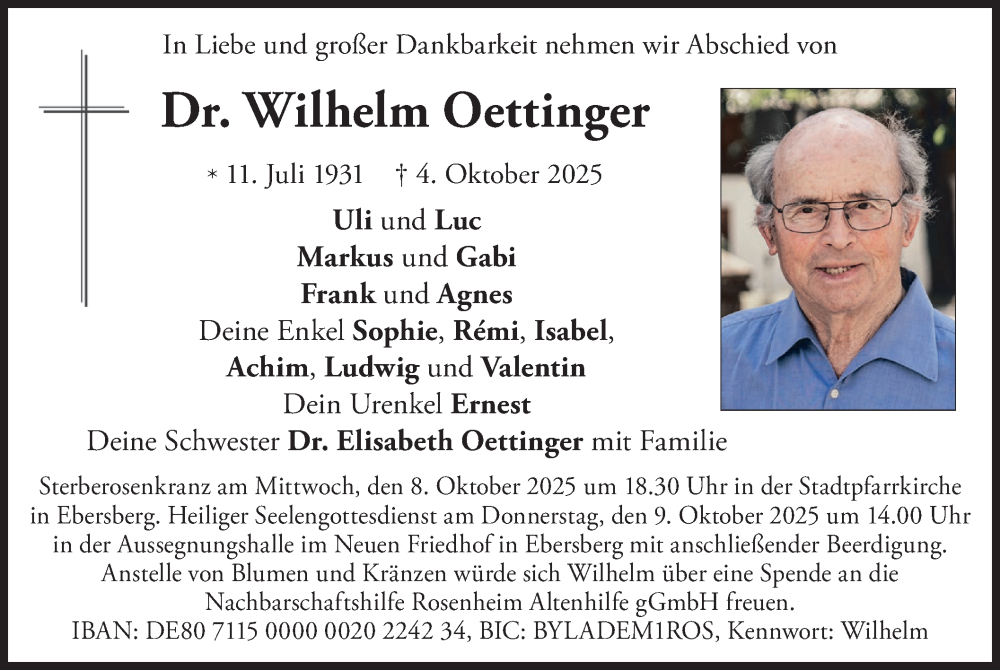  Traueranzeige für Wilhelm Oettinger vom 07.10.2025 aus merkurtz