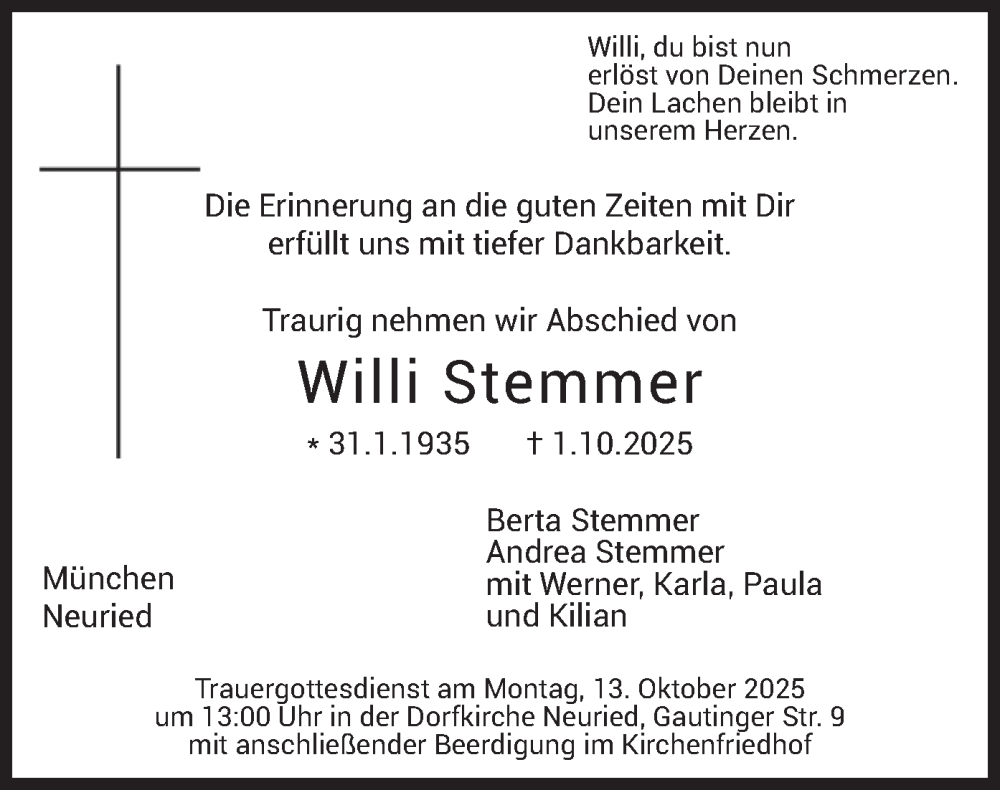  Traueranzeige für Willi Stemmer vom 09.10.2025 aus merkurtz