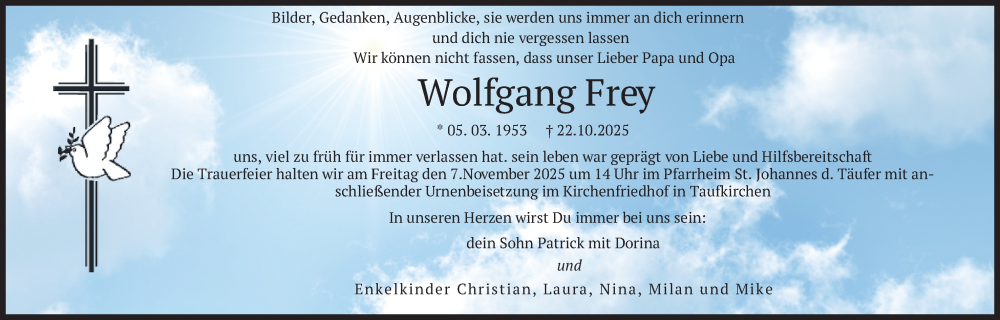  Traueranzeige für Wolfgang Frey vom 30.10.2025 aus merkurtz