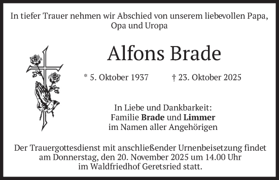 Traueranzeige von Alfons Brade von merkurtz