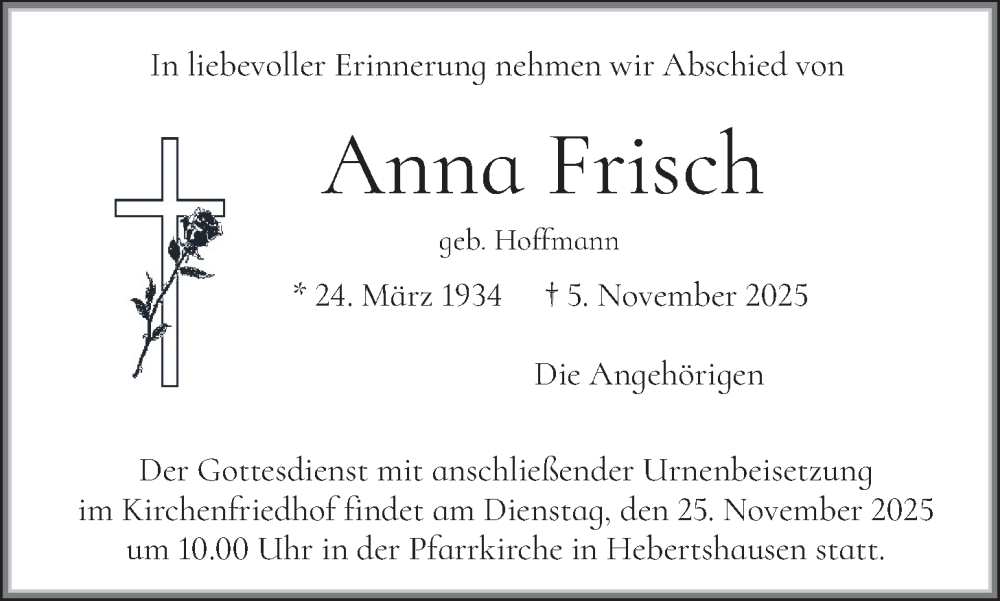  Traueranzeige für Anna Frisch vom 22.11.2025 aus merkurtz