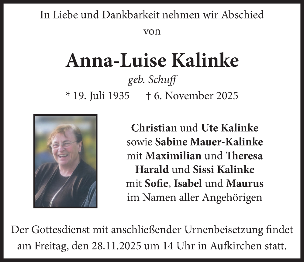  Traueranzeige für Anna-Luise Kalinke vom 22.11.2025 aus merkurtz
