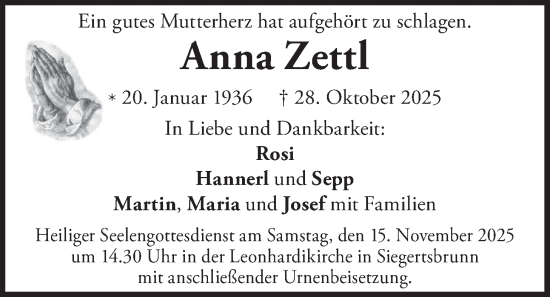 Traueranzeige von Anna Zettl von merkurtz