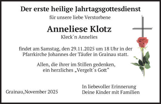 Traueranzeige von Anneliese Klotz von merkurtz