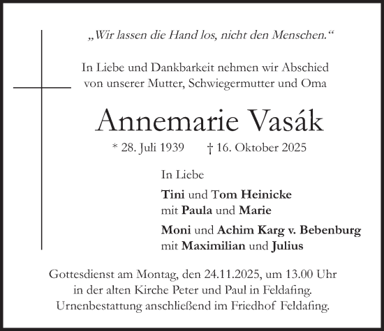 Traueranzeige von Annemarie Vasák von merkurtz