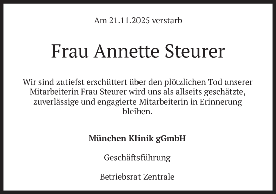 Traueranzeige von Annette Steurer von merkurtz