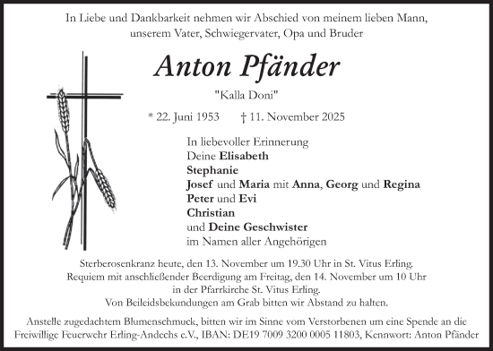 Traueranzeige von Anton Pfänder von merkurtz
