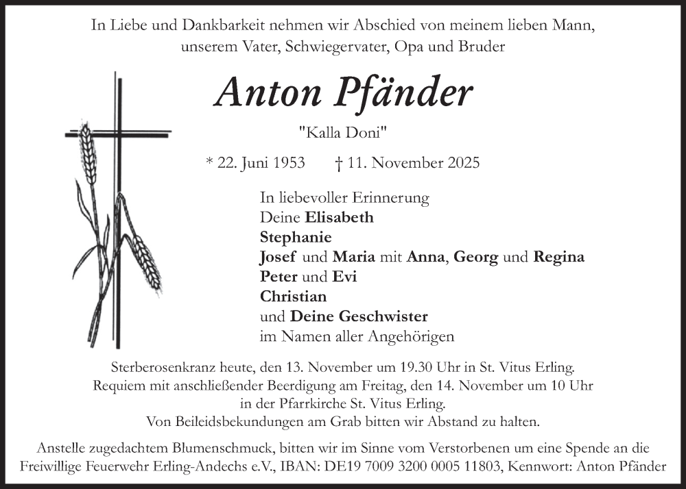  Traueranzeige für Anton Pfänder vom 13.11.2025 aus merkurtz