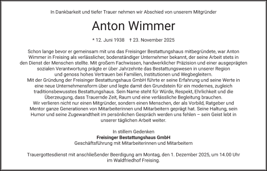 Traueranzeige von Anton Wimmer von merkurtz