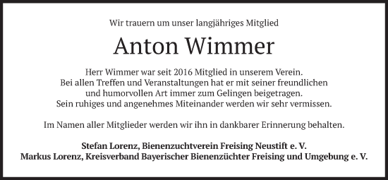 Traueranzeige von Anton Wimmer von merkurtz